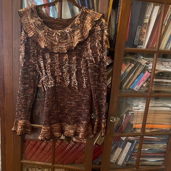 Sweaters - Brown and Tan Knit Sweater with Ruffle Details